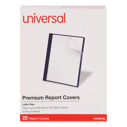 Universal Clear Front Report Covers with Fasteners, Three-Prong Fastener, 0.5" Capacity,  8.5 x 11, Clear/Dark Blue, 25/Box