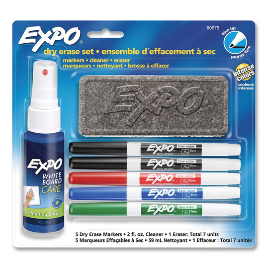 EXPO Dry Erase Marker, Eraser and Cleaner Kit, Fine Bullet Tip, Assorted Colors, 5/Set