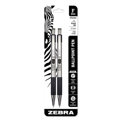 Zebra F-301 Ballpoint Pen, Retractable, Fine 0.7 mm, Black Ink, Stainless Steel/Black Barrel, 2/Pack