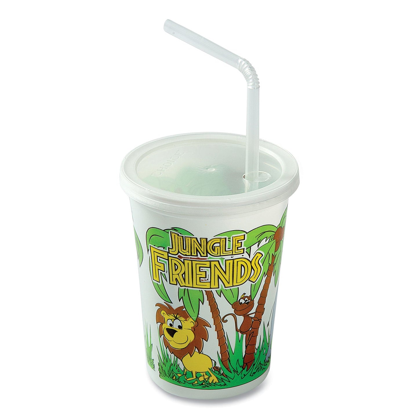 AmerCareRoyal Kid's Cups with Straws and Lids, 12 oz, Multicolor, Jungle Friends Theme, 250/Carton