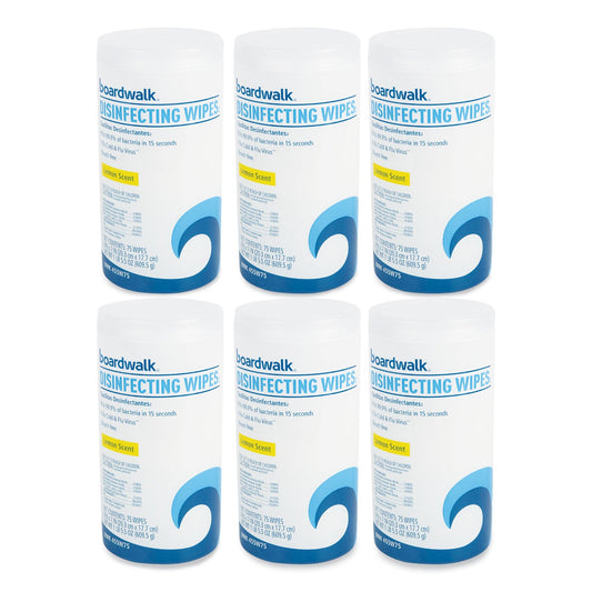 Boardwalk Disinfecting Wipes, 7 x 8, Lemon Scent, 75/Canister, 6 Canisters/Carton