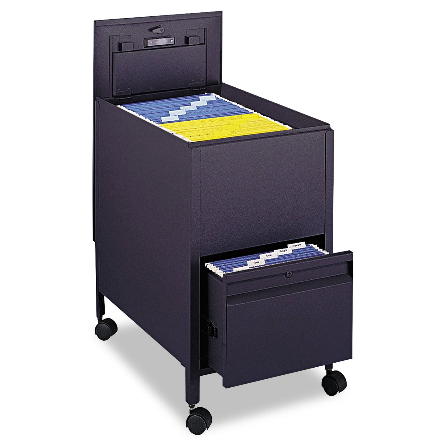 Safco Locking Mobile Tub File with Drawer, Letter Size, Metal, 1 Drawer, 1 Bin, 17" x 26" x 28", Black