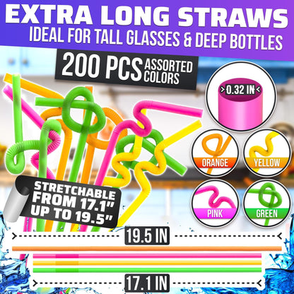 200 Extra Long Bendy Straws Disposable, 17 In, Twist Up to 19.5 In