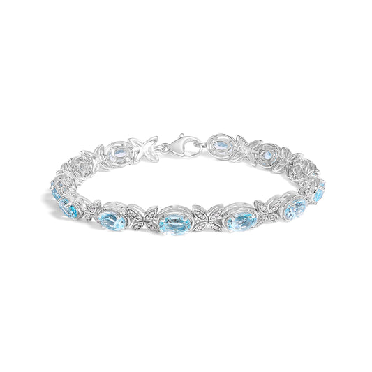 .925 Sterling Silver Oval Blue Topaz Diamond Butterfly Link Bracelet (I-J Color, I1-I2 Clarity) - Size 7" Inches