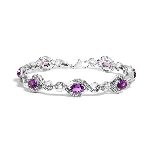 .925 Sterling Silver 1/10 Cttw Natural Round Diamond and 7X5MM Oval Amethyst Cross Tennis Bracelet (I-J Color, I1-I2 Clarity) - 7"