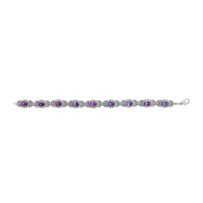 Sterling Silver Oval Purple Amethyst and Diamond Interlocking Halo Link Bracelet