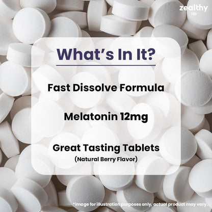Melatonin 12mg Fast Dissolve Tablets – Natural Berry Flavor 100 Count – Extra Strength Sleep Support for Adults – Non Habit Forming 100 Day Supply