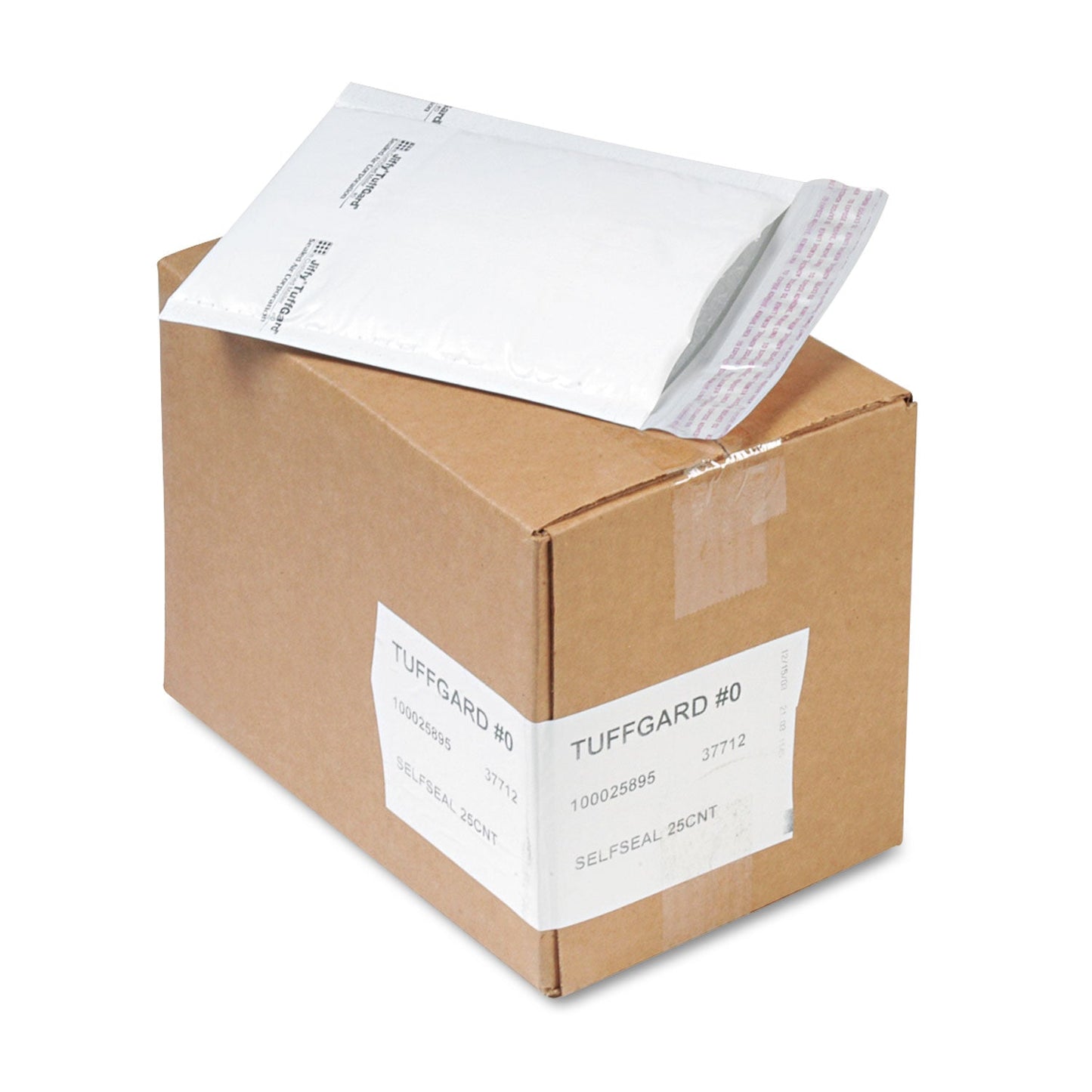 Sealed Air Jiffy TuffGard Self-Seal Cushioned Mailer, #0, Barrier Bubble Air Cell Cushion, Self-Adhesive Closure, 6 x 10, White, 25/CT