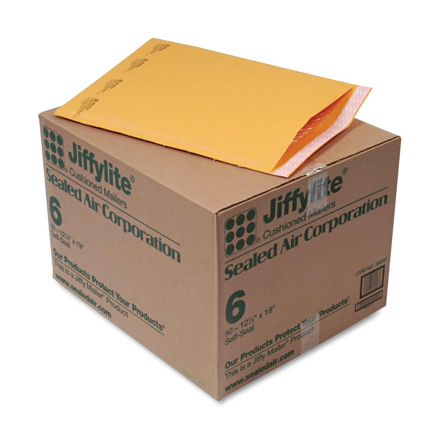 Sealed Air Jiffylite Self-Seal Bubble Mailer, #6, Barrier Bubble Air Cell Cushion, Self-Adhesive Closure, 12.5 x 19, Brown Kraft, 50/CT