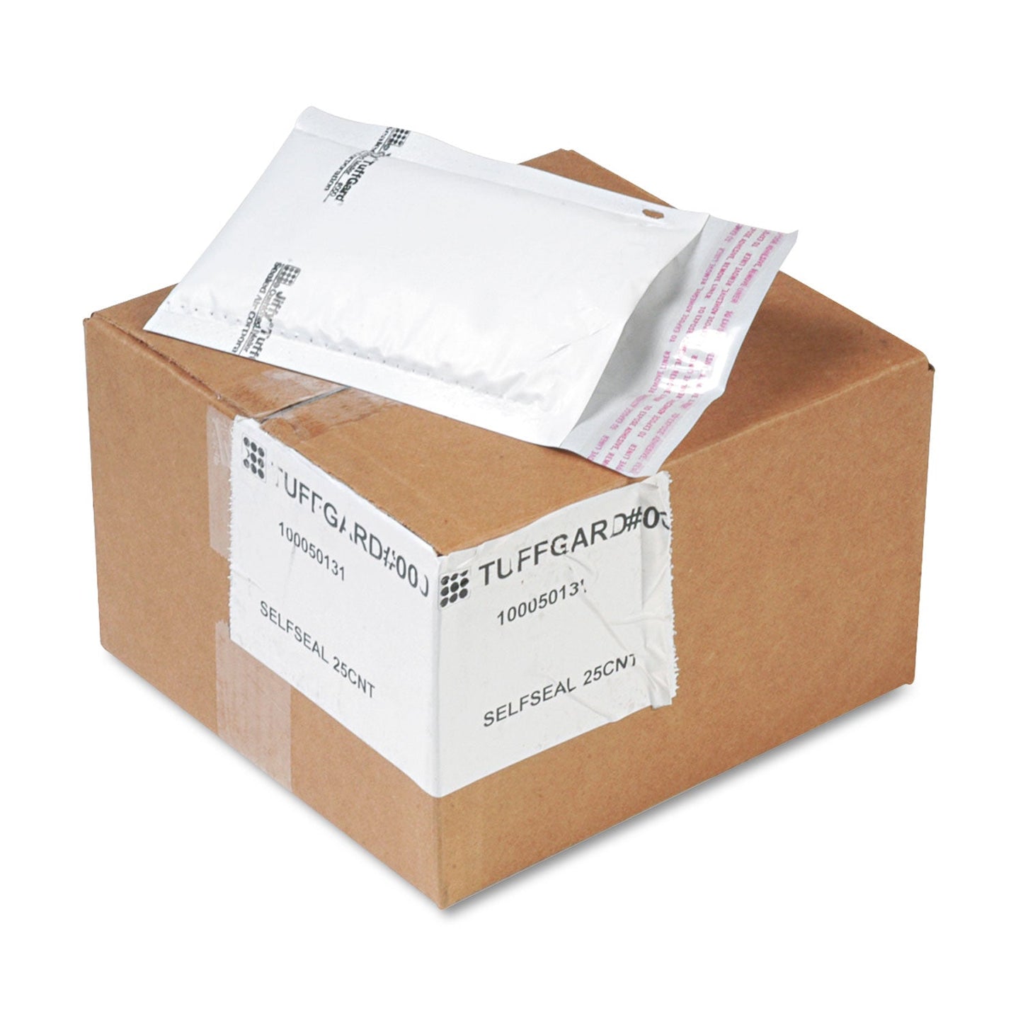Sealed Air Jiffy TuffGard Self-Seal Cushioned Mailer, #000, Barrier Bubble Air Cell Cushion, Self-Adhesive Closure, 4 x 8, White, 25/CT