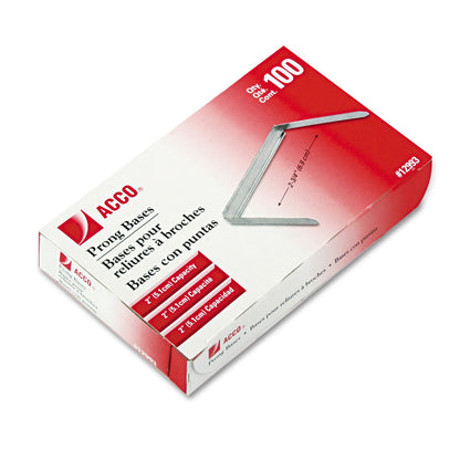 ACCO Standard Two-Piece Two-Prong Paper Fastener Bases, 2" Capacity, 2.75" Center to Center, Silver, 100/Box