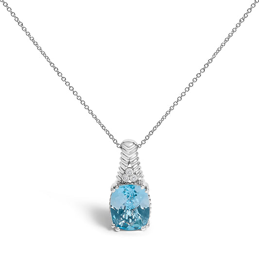 .925 Sterling Silver Blue Topaz and Diamond Accent Textured Pendant Necklace - 18" Inches