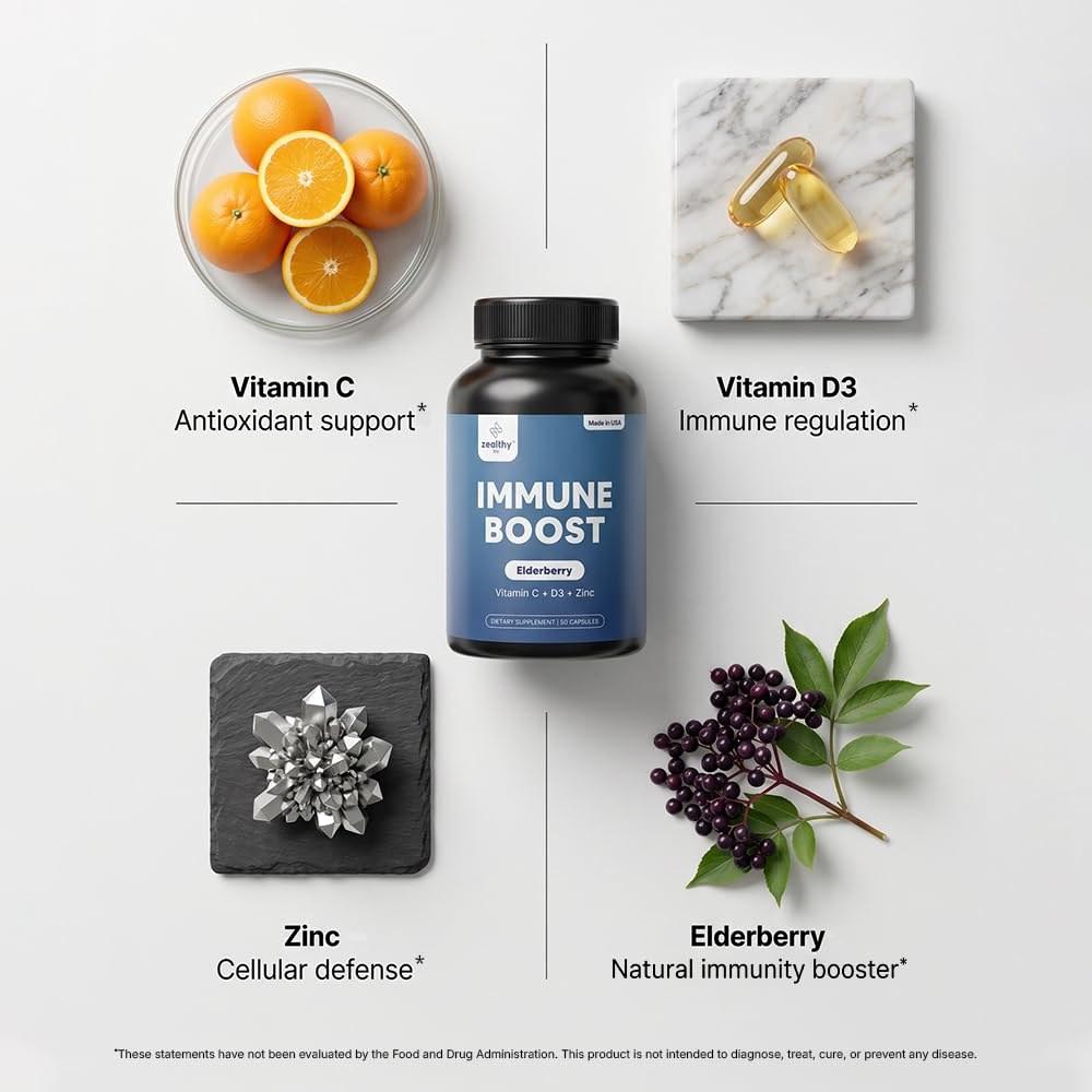 Immune Support Capsules for Adults with Elderberry, Vitamin C, Vitamin D3 & Zinc – Daily Immune Defense Supplement  Zealthy Life  60 Capsules