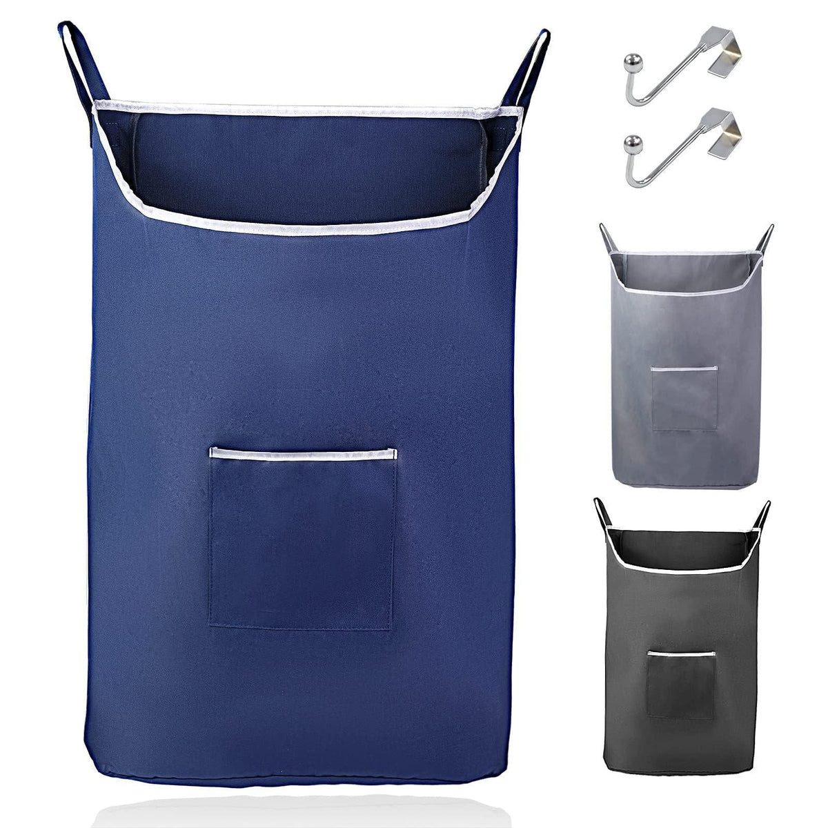 Fine Living Co. Large Hanging Laundry Hamper with Over Door Hooks & Adhesive Durable Space Saving Laundry Bag with Zipper and Wide Open Top Hanging Dorm Laundry Hamper (Navy Blue XL)