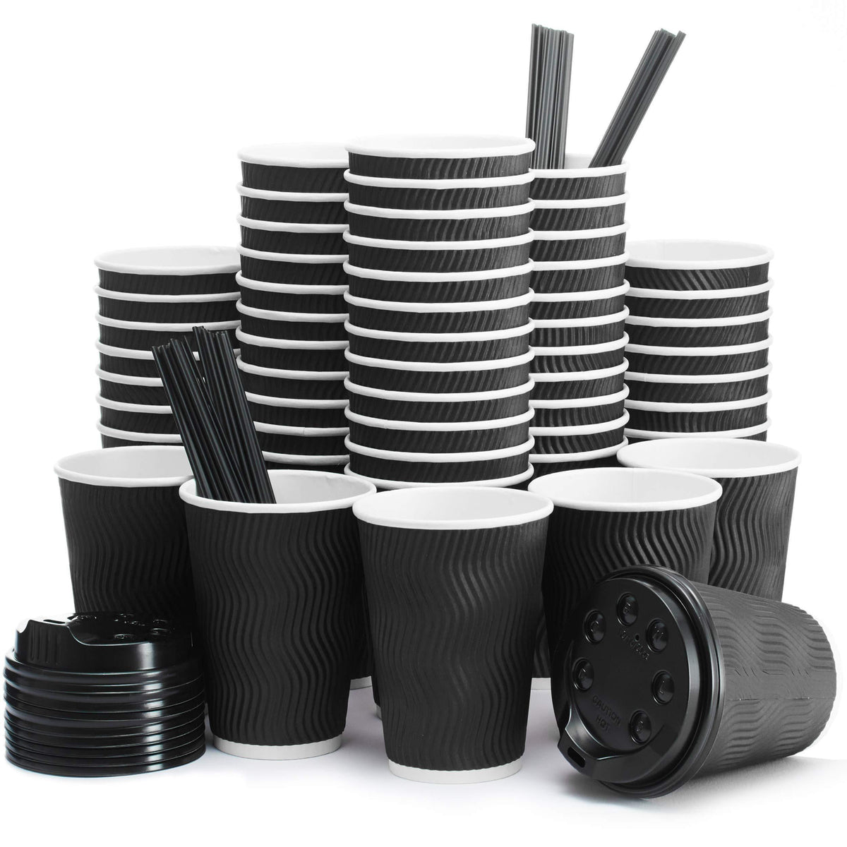 Primens Insulated Disposable Coffee Cups with Lids & Straws 12 oz, 100 Packs  Paper Cups for Hot Beverage Drinks To Go Tea Coffee Home Office Car Coffee Shop Party (Black)
