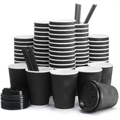 Primens Insulated Disposable Coffee Cups with Lids & Straws 12 oz, 100 Packs  Paper Cups for Hot Beverage Drinks To Go Tea Coffee Home Office Car Coffee Shop Party (Black)
