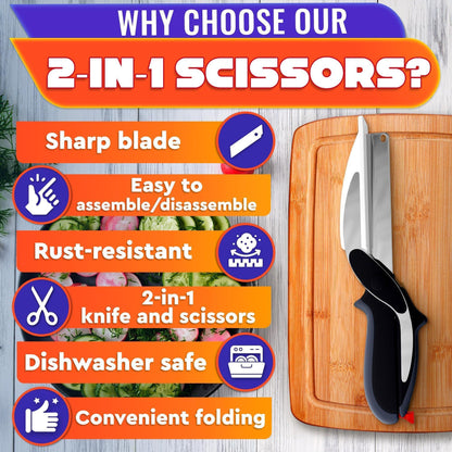 Kitchen Scissors for Food – 2 in 1 Cutting Board Scissors & Knife with Locking Mechanism & Stainless Steel Blades – Multifunctional Kitchen Shears for Effortless Chopping Slicing & Meal Prep