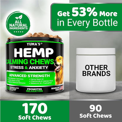 YUMA'S (2 Pack) Hemp Calming Chews for Dogs   Advanced Dog Calming Treats   Dog Calming Chews   340 Chews   Anxiety Relief Treats   Separation Aid Barking Stress Relief   Melatonin   Hemp Oil
