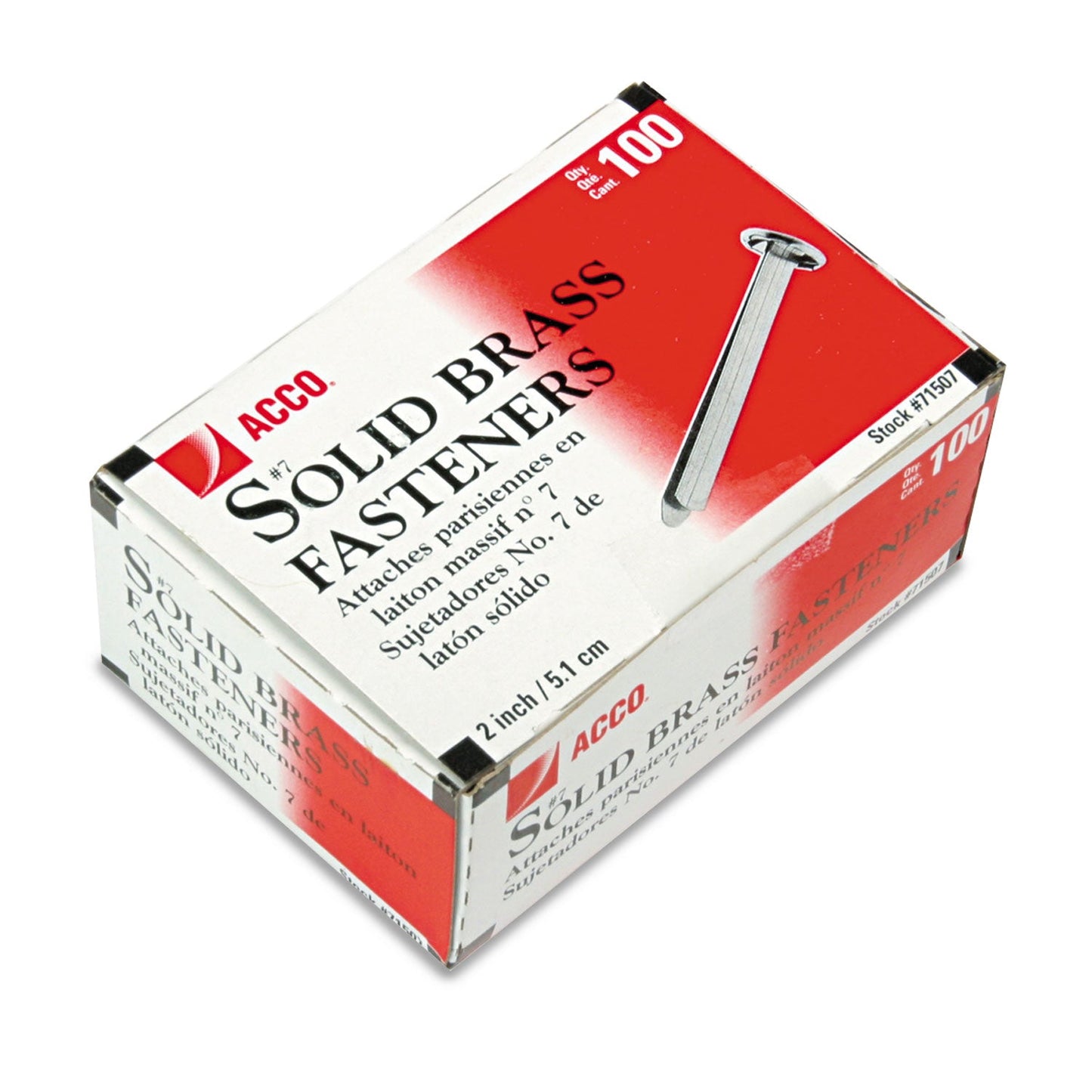 ACCO #7 Brass Prong Paper Fasteners, 2" Capacity, Brass, 100/Box