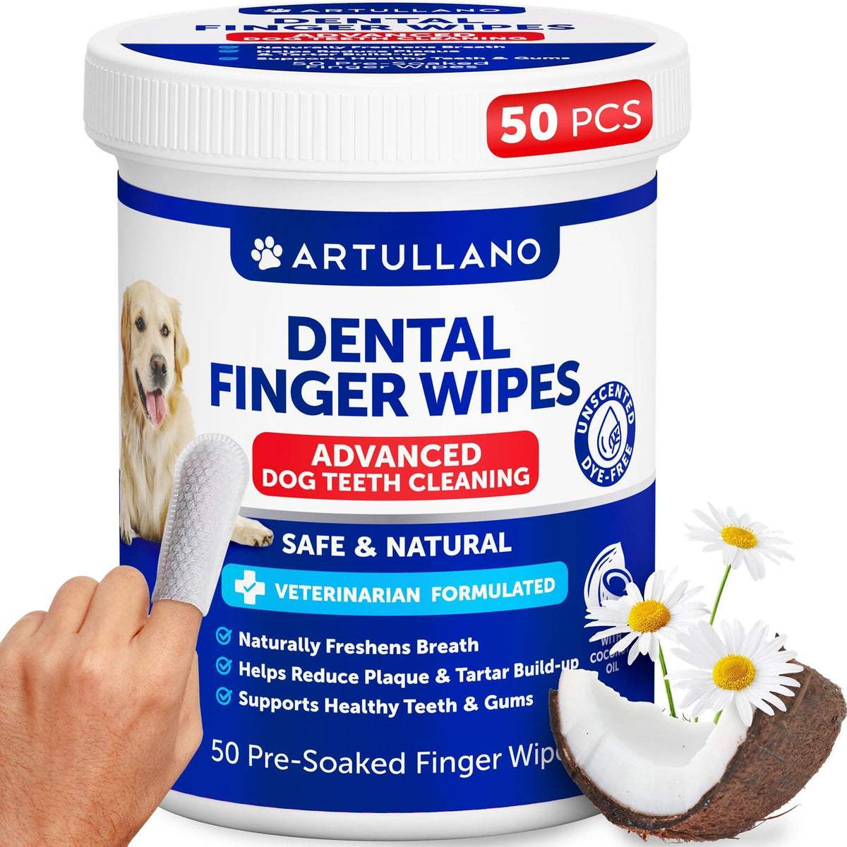 Dog Teeth Cleaning Wipes   50 Dog Dental Care Finger Wipes   Disposable Finger Toothbrush for Removing Plaque and Tartar Buildup   Oral Freshness Healthy Teeth and Gum Support with Coconut Oil