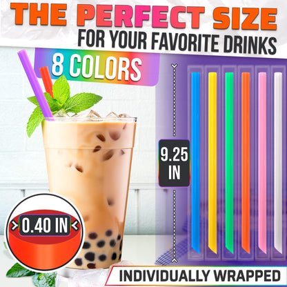Large Pack of 300 Boba Straws Individually Wrapped – Thick Smoothie Straws Disposable for Milkshakes Bubble Tea Ice Lattes & Lemonade Bar Supplies – (0.4  Wide 9.25  Tall) 8 Colors Smooth Edges