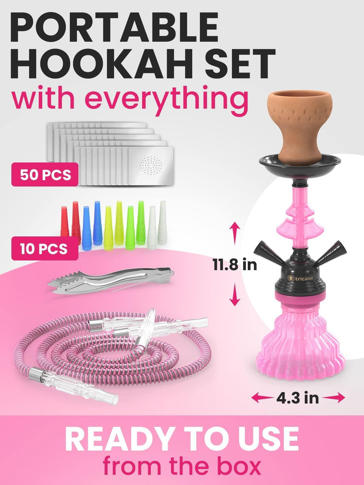 Pink Hookah Set 2 Hose Hookah – LilOne 12” Pink Mini Hookah Combo Kit Shisha Hookah Set with Prepunched Foil Hookah Bowl Disposable Tips Mouthpiece Tongs Portable Hookah Pipe