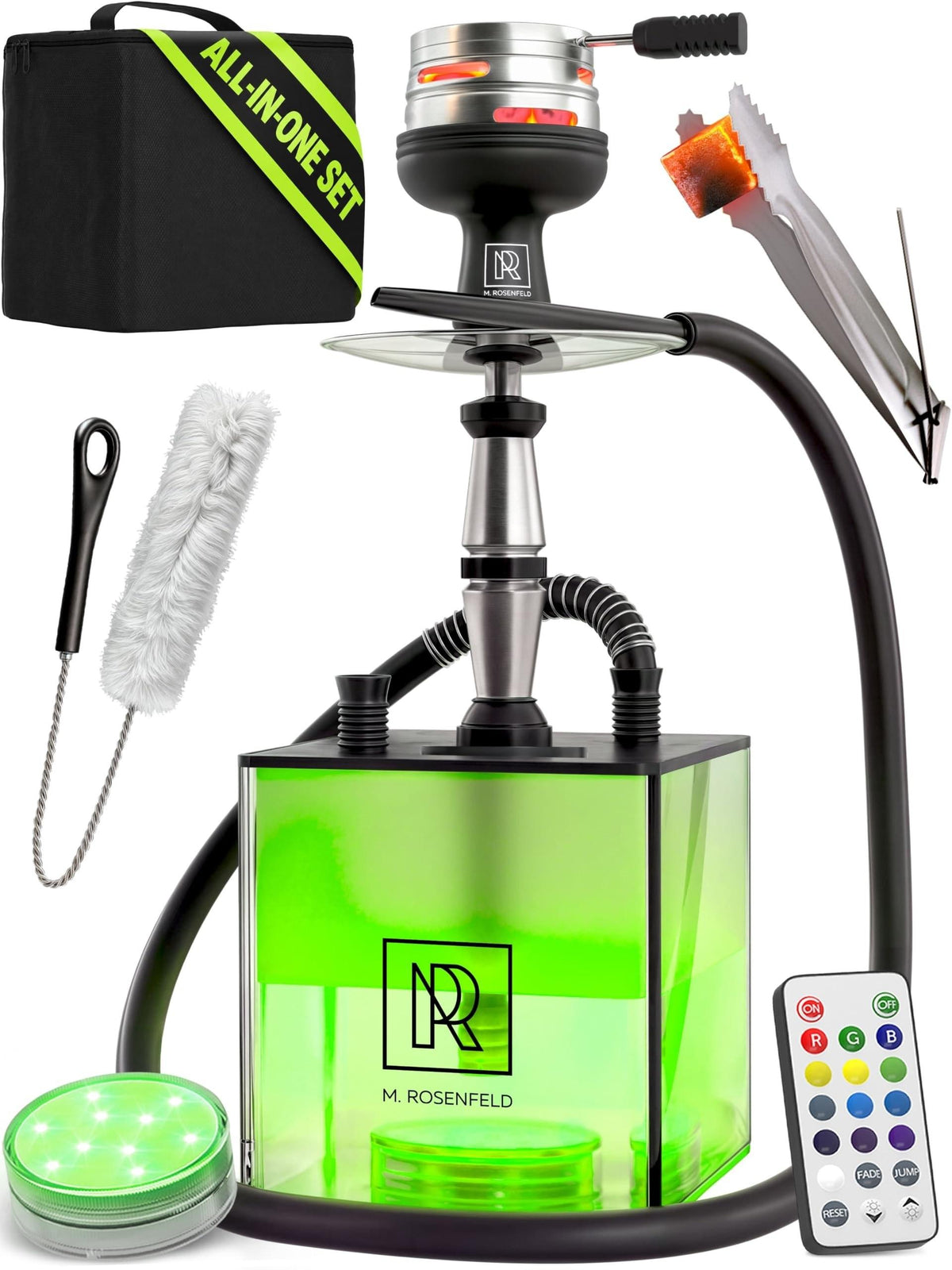 YADO Complete Acrylic Base Kit – Square Design with Charcoal Holder, LED Light Remote (12 Colors), Big Black Silicone Bowl & Carrying Bag – AllInOne Portable Set