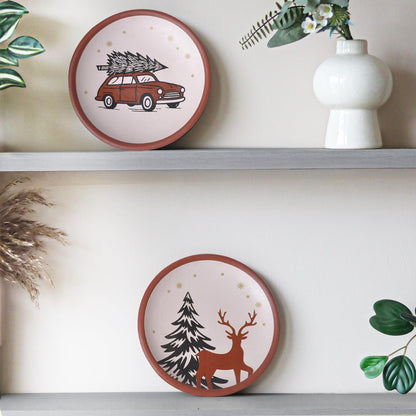 8 Inch Terracotta Winter Plates Set of 2 Ceramic Wall Hanging Clay Decorative Plates for Winter Decorations Round Wall Decor for Living Room & Kitchen