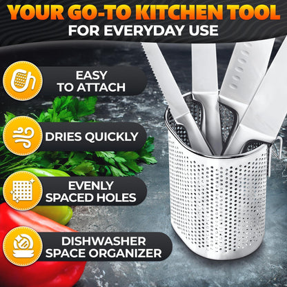 Chopstick Dishwasher Basket 3.5x2.7x3.9  – Stainless Steel Chopstick Holder for Dishwasher with Hooks Oval Design Rust Resistant Perforated Utensil Caddy for Straws Teaspoons & Small Kitchen Tools
