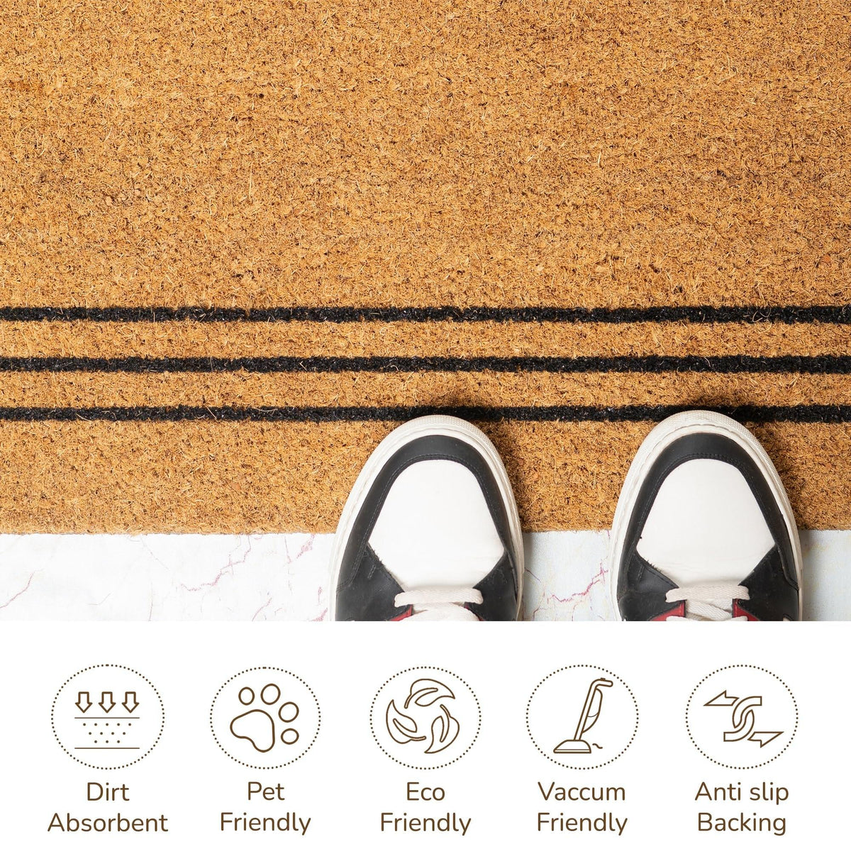 Coco Coir Door Mat Plain Welcome Mat with Stripes Beige 30x17