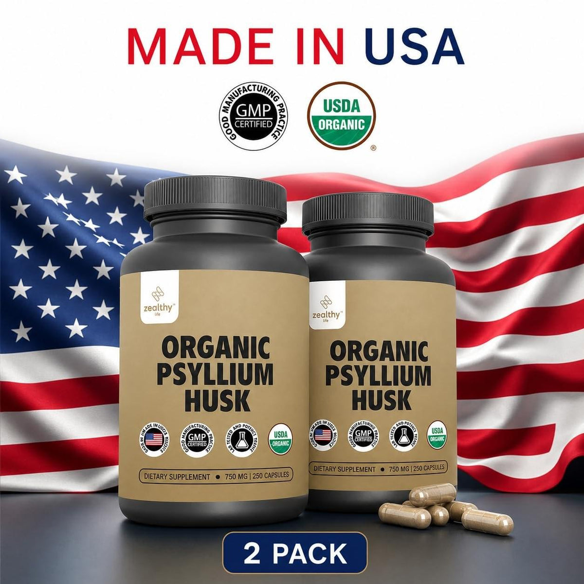 Organic Psyllium Husk Capsules 750 mg, Natural Fiber Supplement for Gut Health*  Alternative to Psyllium Husk Powder, Zealthy Life, 250 Capsules  Pack of 2