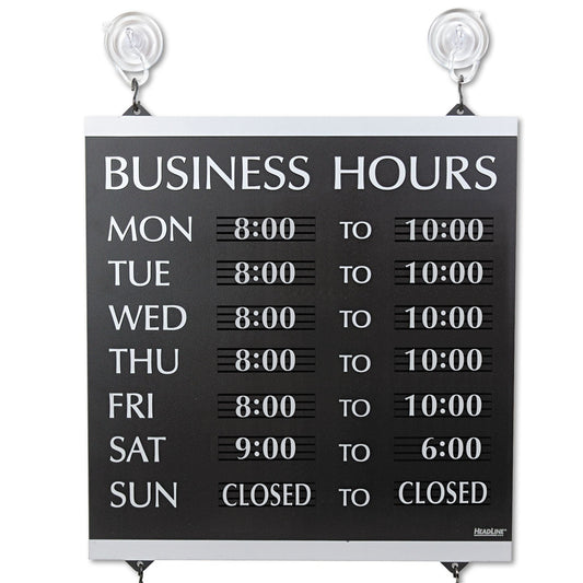 Headline Century Series Business Hours Sign, Heavy-Duty Plastic, 13 x 14, Black