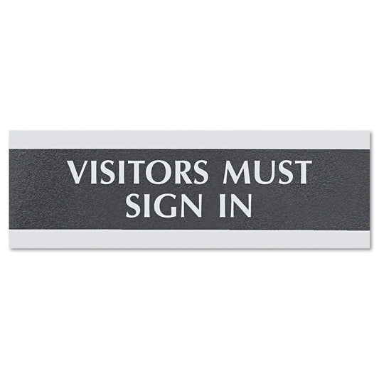Headline Century Series Office Sign, VISITORS MUST SIGN IN, 9 x 3, Black/Silver