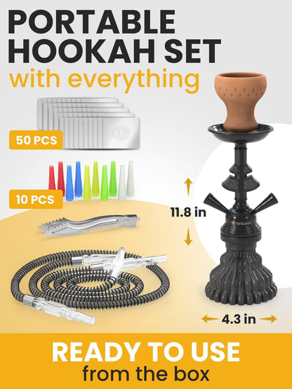 Hookah Set 2 Hose Hookah – LilOne 12” Black Mini Hookah 2 Hose Hookah Set with 50x Foil Hookah Bowl 10x Tips 2x Mouthpiece 2x Hookah Hose Tongs Portable Hookah set with everything Hookah Kit