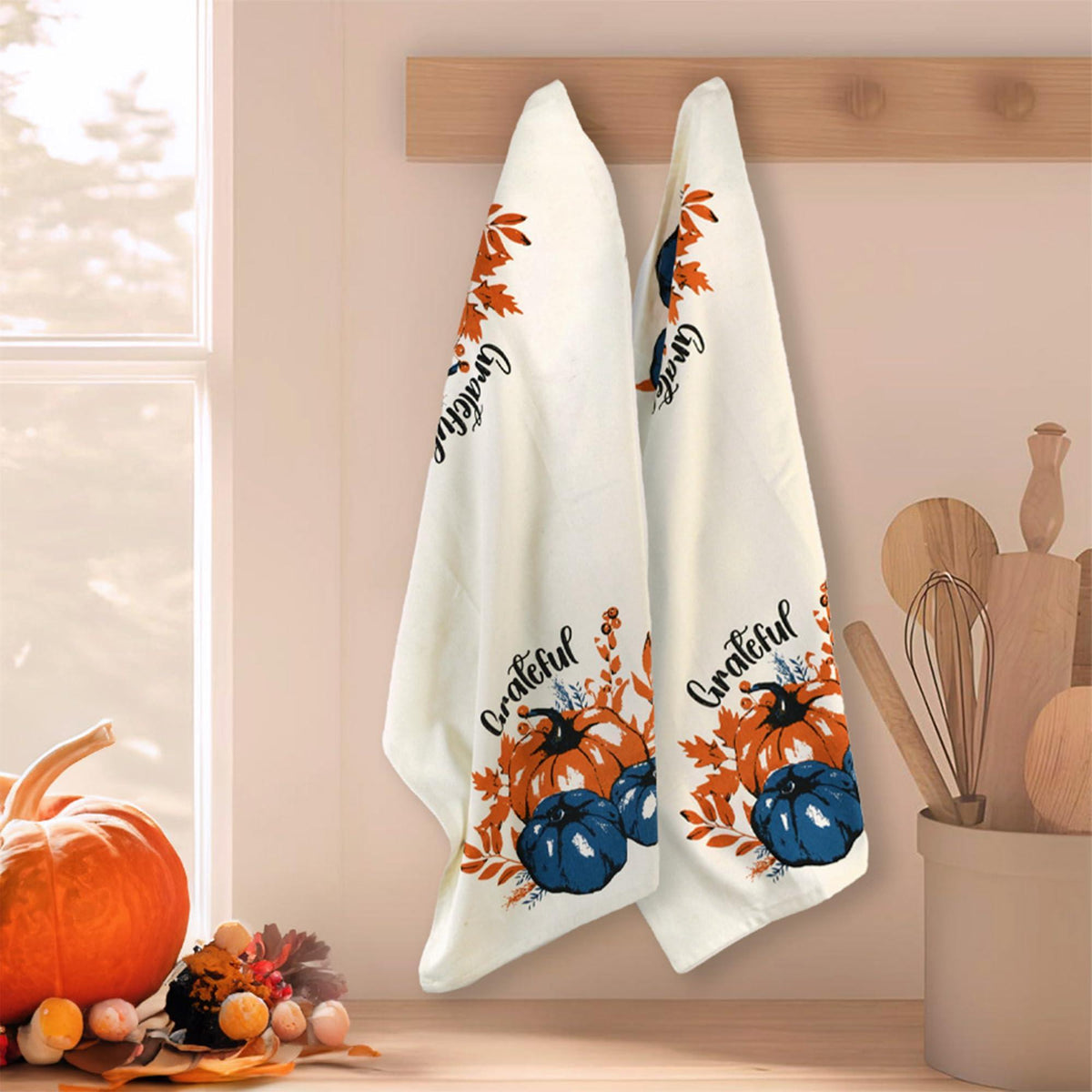 Set of 2 Grateful l Printed Dish Towels Hand Towels Boho Tea Towels Multifunctional Stylish Absorbent Quick Dry Soft 18 x28 100% Cotton Blue & Orange
