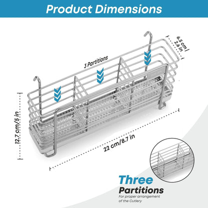 Sturdy 304 Stainless Steel Utensil Drying Rack Basket Holder with Hooks 3 Divided Compartments Rust Proof No Drilling