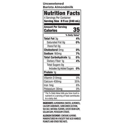 Califia Farms Unsweetened Barista Almond Milk - 4 cases of 6, 32oz cartons (24 cartons)