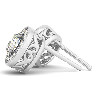 14k White Gold Round Diamond Halo Milgrain Border Earrings (3/4 cttw)