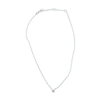 Sterling Silver Bezel Set Light Blue Aquamarine and Enamel Bead Chain Necklace