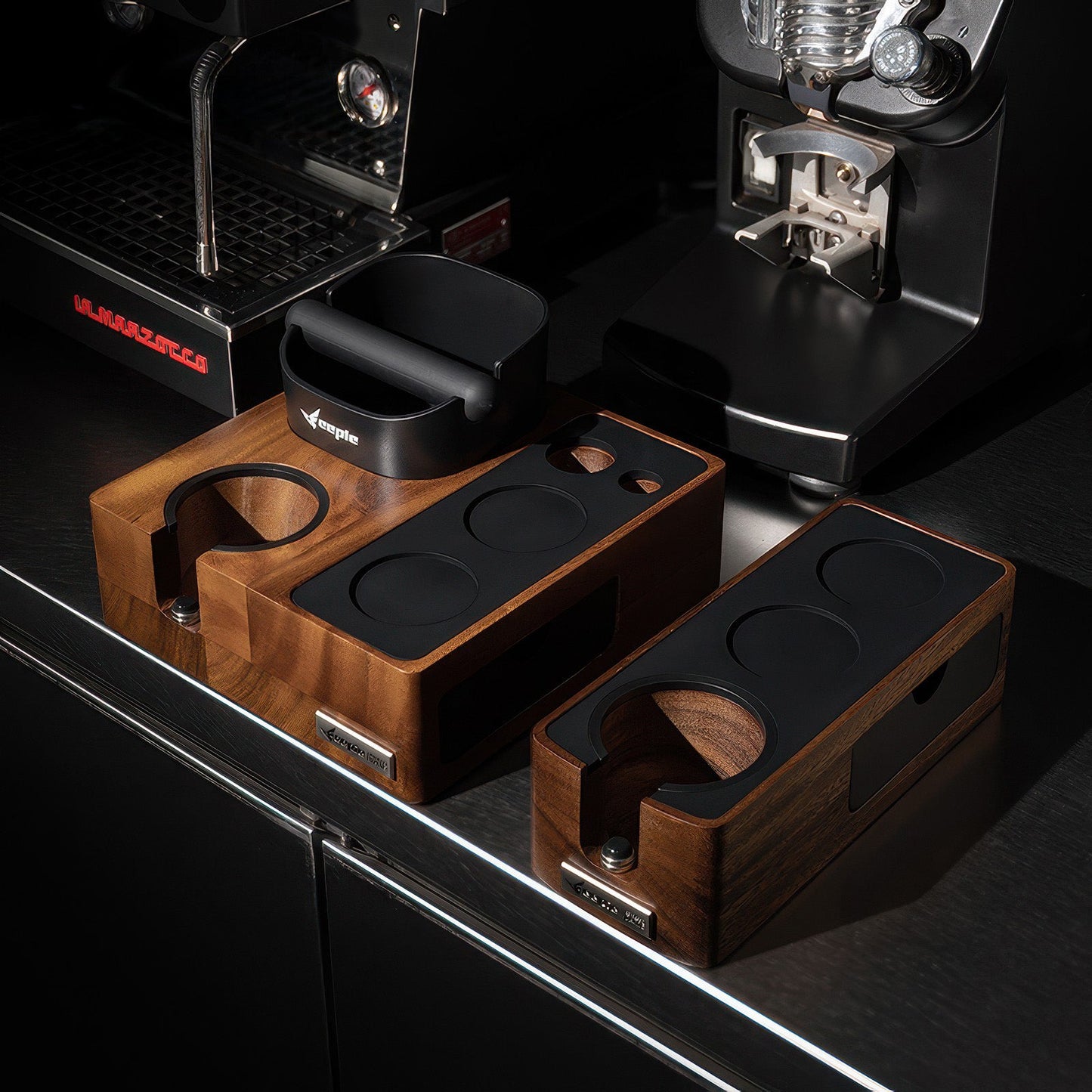 Barista Tamping Station with Knock Box Storage