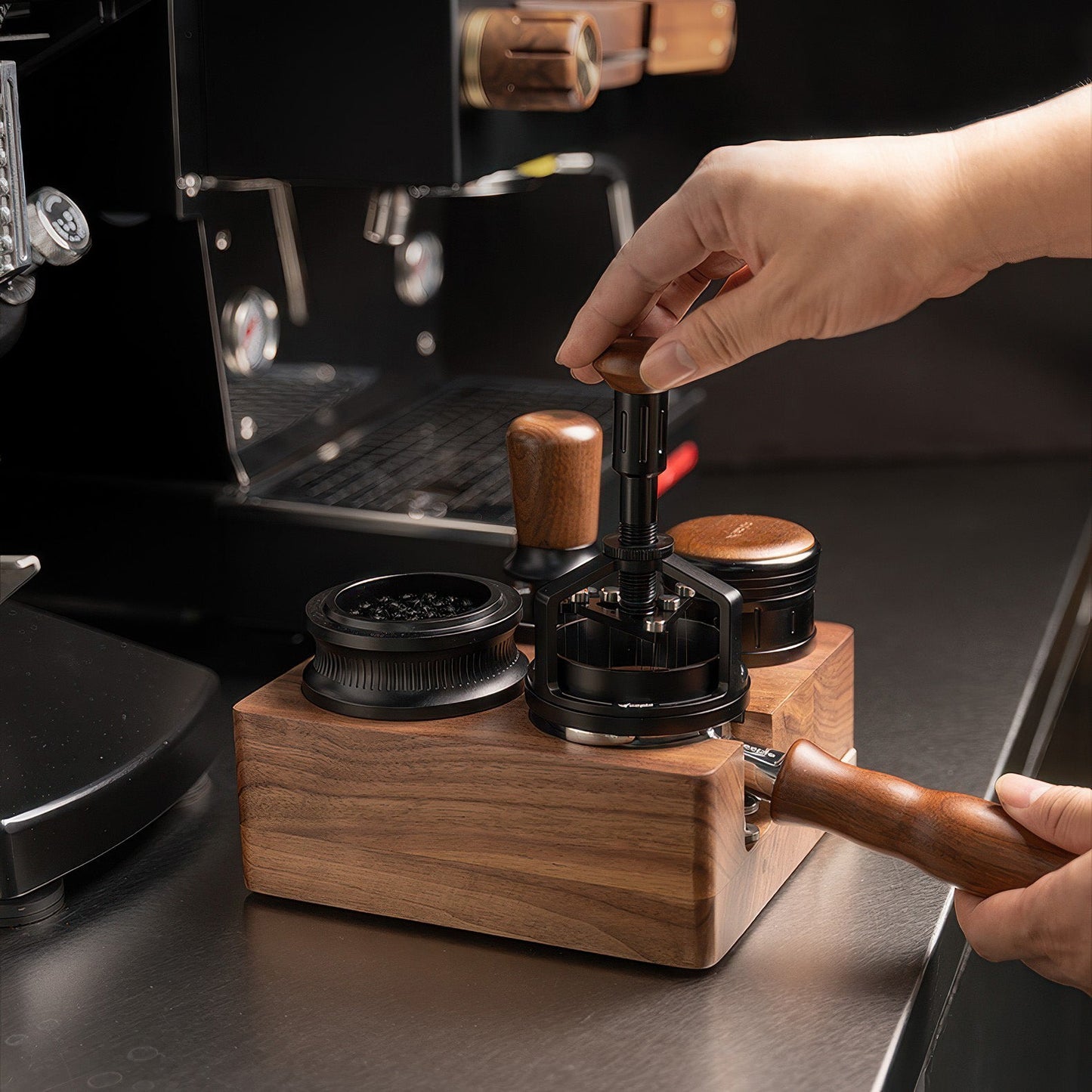 Walnut Wood Coffee Tamping Station