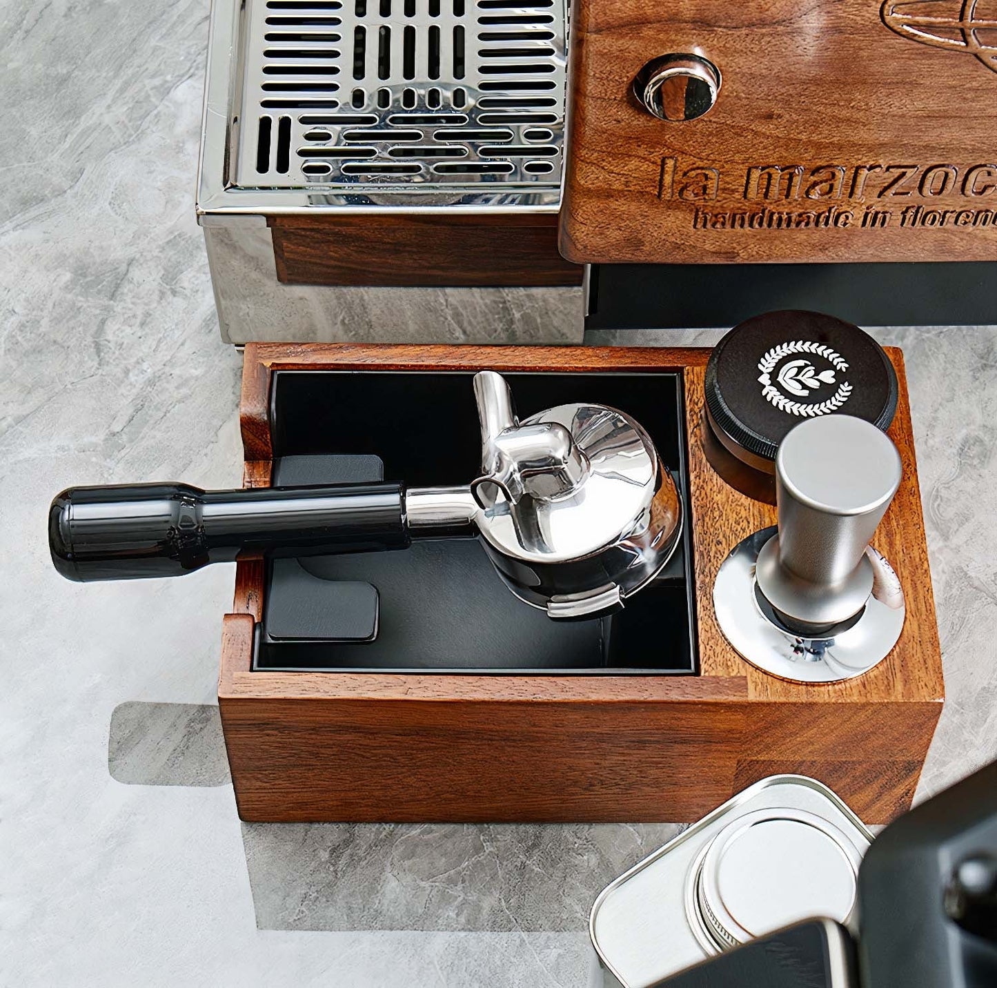 Wooden Coffee Tamper Station with Knock Box
