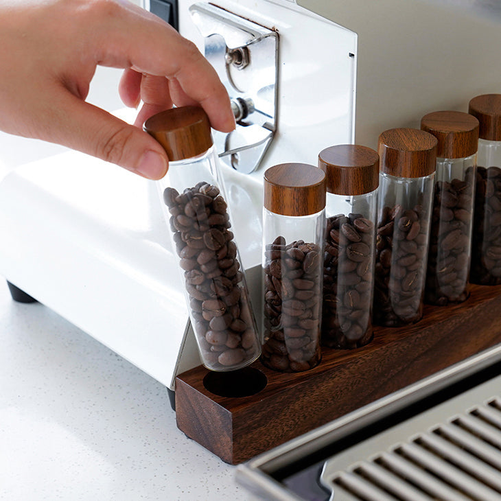 Coffee Bean Storage Tubes With Walnut Wood Base