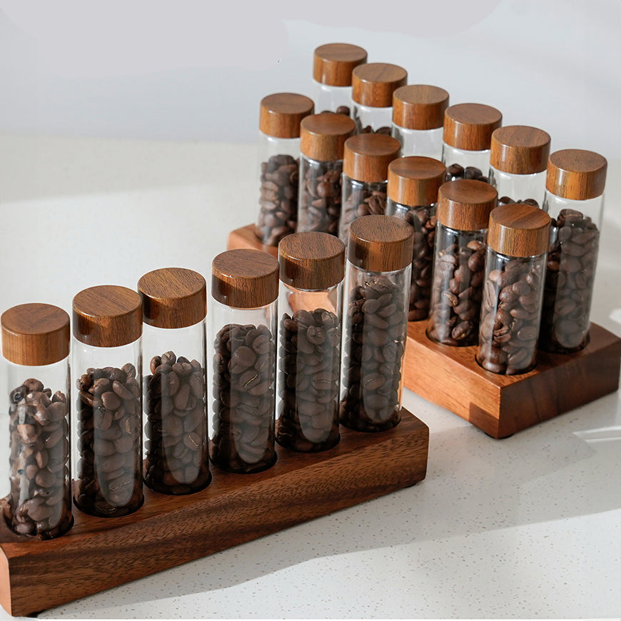 Coffee Bean Storage Tubes With Walnut Wood Base