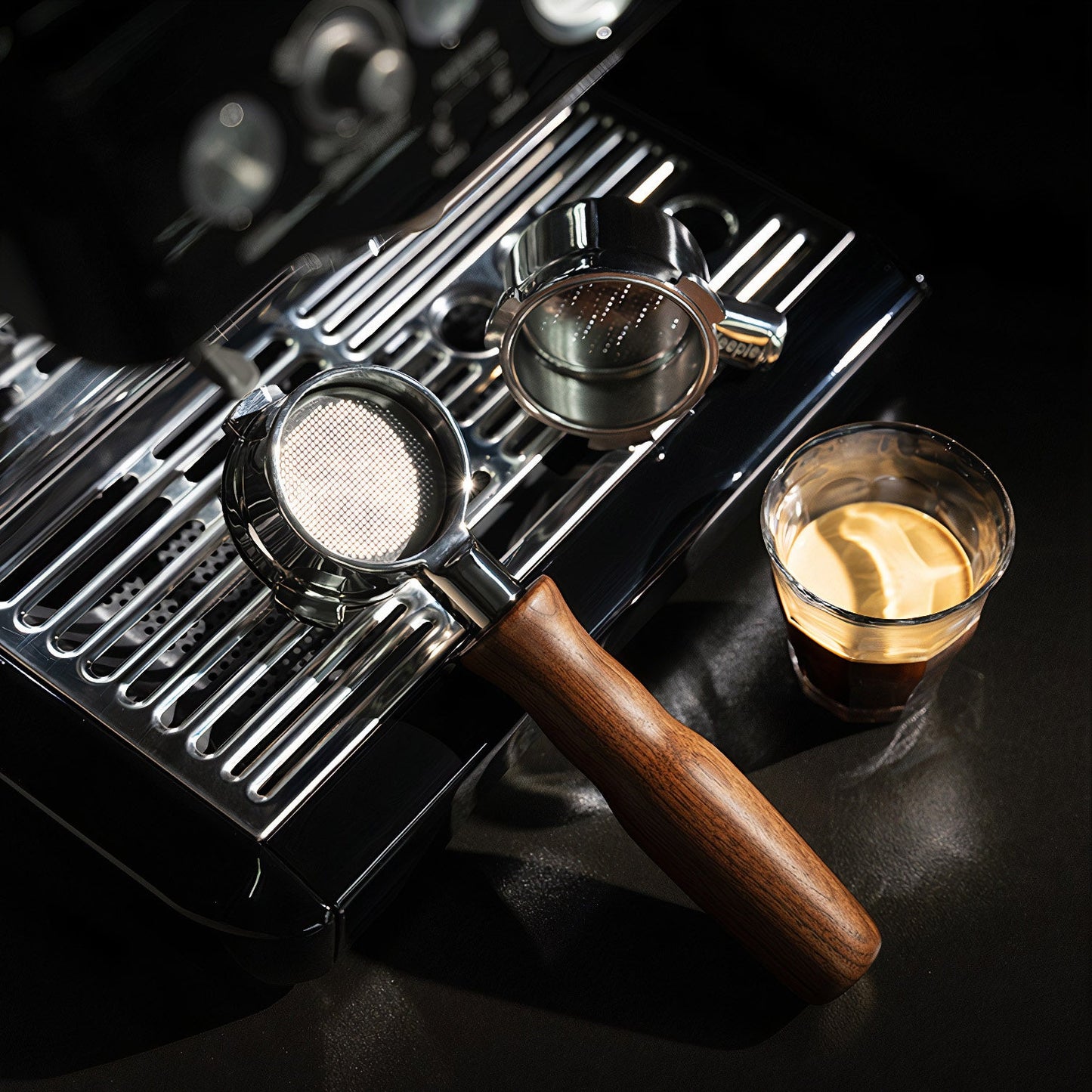 Stainless Steel Bottomless Portafilter with Walnut Handle