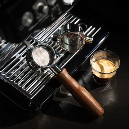 Stainless Steel Bottomless Portafilter with Walnut Handle