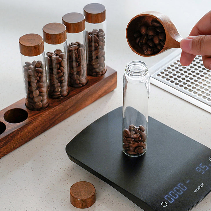 Coffee Bean Storage Tubes With Walnut Wood Base