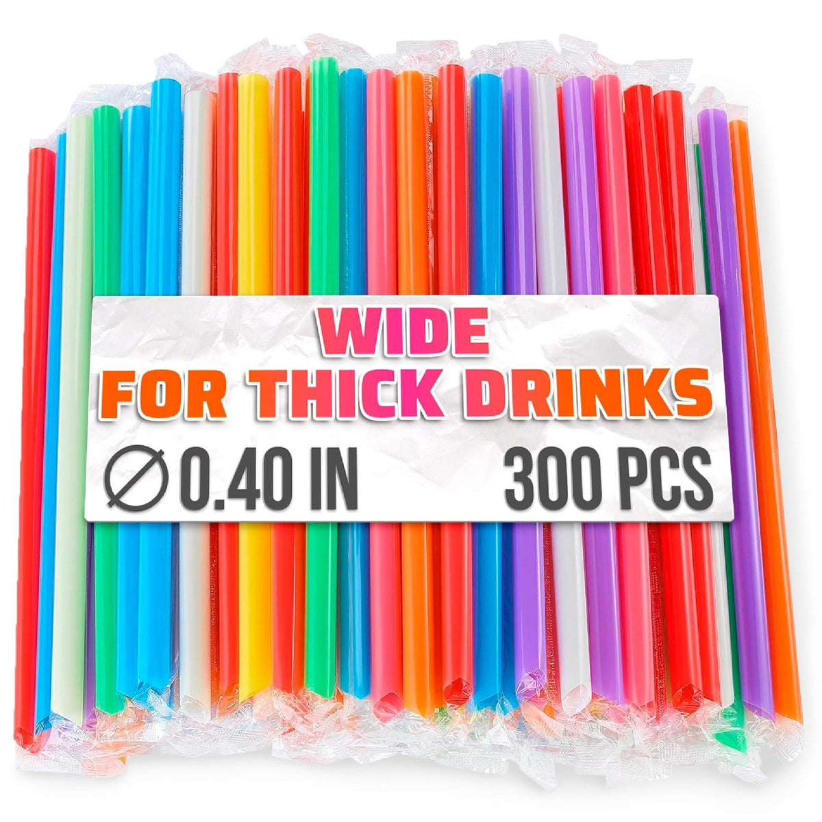 Large Pack of 300 Boba Straws Individually Wrapped – Thick Smoothie Straws Disposable for Milkshakes Bubble Tea Ice Lattes & Lemonade Bar Supplies – (0.4  Wide 9.25  Tall) 8 Colors Smooth Edges