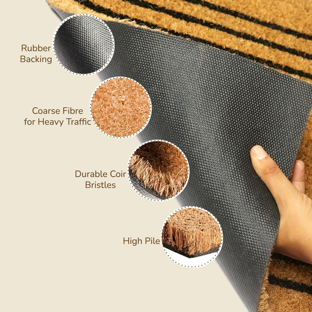 Coco Coir Door Mat Plain Welcome Mat with Stripes Beige 30x17