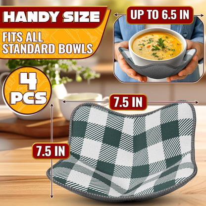 4 Pcs Microwave Bowl Cozy Holders (Gray & White Checkered) – Heat Resistant Microwave Bowl Holders for Hot Food Protect Hands from Hot Dishes – Soft Fabric for Safe & Convenient Use in the Kitchen